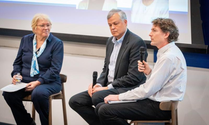 VP for Duke Research & Innovation Jenny Lodge interviews neuroscientist Scott Huettel (middle) and Volker Blum, associate dean for research at Pratt, at Duke’s 2025 Research Summit.