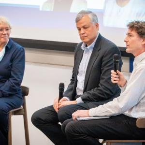 VP for Duke Research & Innovation Jenny Lodge interviews neuroscientist Scott Huettel (middle) and Volker Blum, associate dean for research at Pratt, at Duke’s 2025 Research Summit.